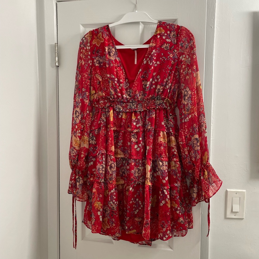 Free People Floral Red Chiffon Dress